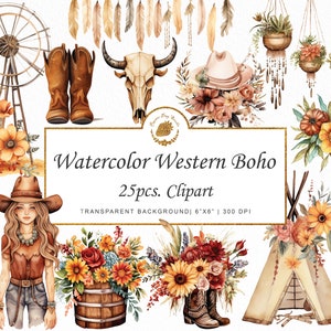 Aquarell Western Boho Clipart Western Clipart PNG SVG Cowgirl Floral Einladung Texas Cowboy Ranch Shabby Boots Barrel Hat Tipi Kaktus