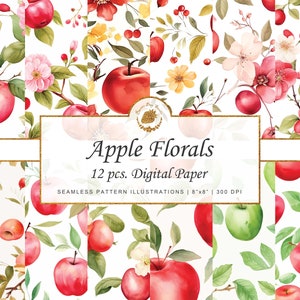 Apple Digital Paper Floral Seamless Pattern Apple Floral Digital PaperApple Blossom Floral Background Papel de Parede Maçãs Junk Journal Canva