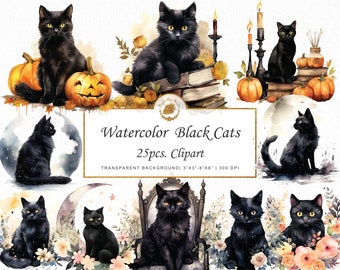 Aquarell schwarze Katze Clipart: 25 PNG Gothic Halloween Grafiken