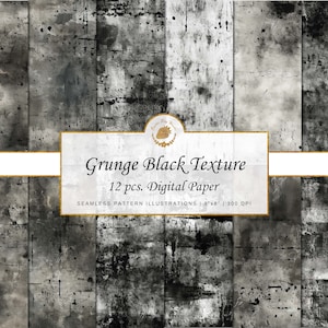 Puede incluir: Un paquete de papel digital con 12 texturas grunge negras. Las texturas son sin costuras y tienen un aspecto desgastado. El papel mide 20,32 cm por 20,32 cm y 300 DPI.