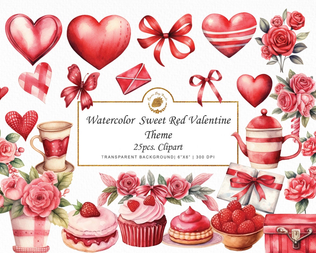 Watercolor Valentine Clipart Bundle: Red Hearts, Flowers, Coffee (PNG ...