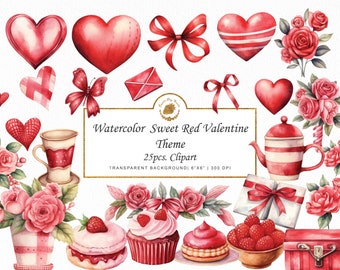 Watercolor Red Valentines Clipart Heart bundle coffee graphics chocolate png flower watercolor valentines svg card digital art graphics