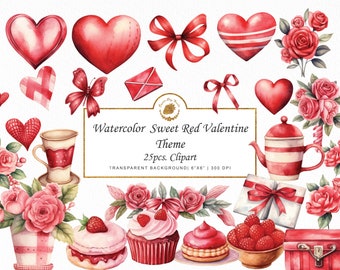 Watercolor Valentine Clipart Bundle: Red Hearts, Flowers, Coffee (PNG)