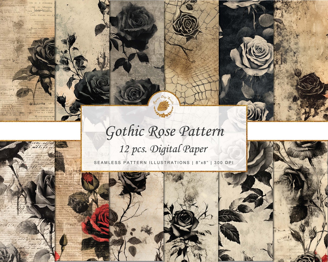 Gothic Rose Ephemera Vintage Grunge Digital Paper Set Seamless Pattern ...