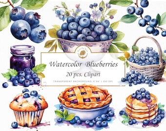 May include: Watercolor clipart set of blueberries in various arrangements, including a bowl, a basket, a jar of jam, a muffin, a pie, and a stack of pancakes. The blueberries are a vibrant blue color and are surrounded by green leaves.