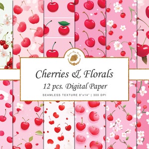 May include: A set of 12 digital papers featuring seamless patterns of cherries and floral designs. The patterns are in shades of pink, red, white, and green. The papers are 8 inches by 14 inches and 300 DPI.
