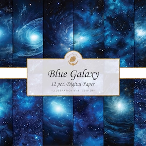 May include: Twelve digital paper designs featuring a blue galaxy with stars and nebulae. The papers are 8 inches by 8 inches and 300 DPI.