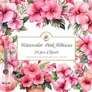 Watercolor Pink Hibiscus Clipart Tropical Hibiscus Clipart Bundle Floral Sticker PNG Wedding Hibiscus Bouquet Clipart Bundle graphics svg