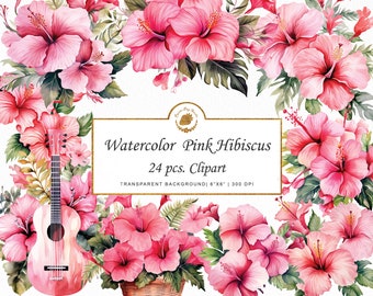 Watercolor Pink Hibiscus Clipart Bundle: Tropical Floral PNG Graphics