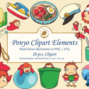 May include: A collection of twenty digital illustrations featuring a red-haired character, a boat, a bowl of ramen, a sailor hat, a green bucket, a mug with a spoon, and a jellyfish. The text reads Ponyo Clipart Elements, Hand drawn illustrations in PNG | SVG, 20 pcs. Clipart, TRANSPARENT BACKGROUND | 6"x6"| 300 dpi.