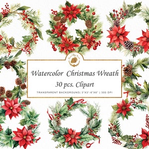 Watercolor Christmas Wreath Clipart Wreath Clipart Floral clipart sticker watercolor clipart png Christmas clipart bundle watercolor graphic