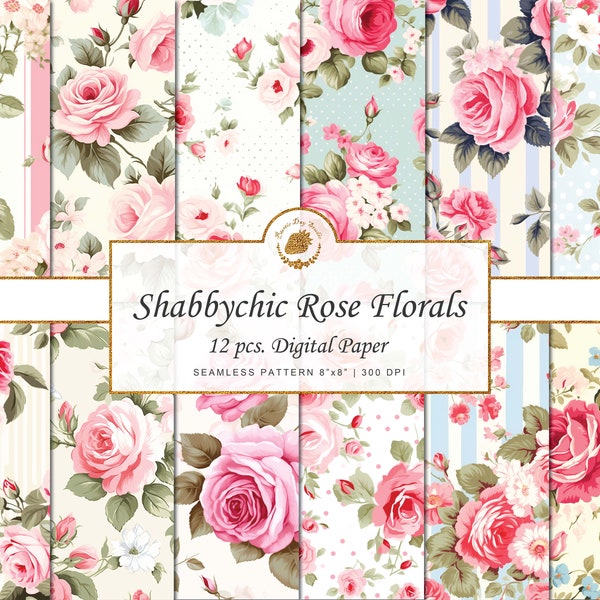 Shabby chic Rose Floral  Digital Paper Seamless floral pattern bundle shabbychic pattern vintage pattern garden pattern theme watercolor art