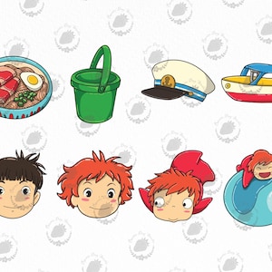 May include: A collection of eight illustrated stickers featuring a bowl of ramen, a green bucket, a white captain's hat, a small boat, a boy with dark hair, a girl with red hair, a red-haired character, and a character inside a blue bubble.