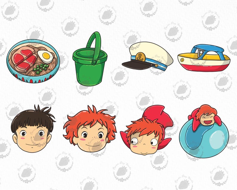May include: A collection of eight illustrated stickers featuring a bowl of ramen, a green bucket, a white captain's hat, a small boat, a boy with dark hair, a girl with red hair, a red-haired character, and a character inside a blue bubble.