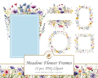 Watercolor Wild Flower Frames Bundle Floral Meadow Clipart PNG SVG Frame Invitation Card Printable Border Fairy Party Digital Card Petals