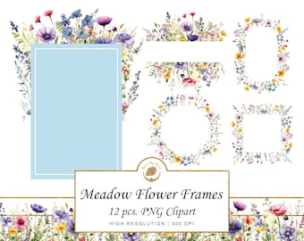 Könnte beinhalten: Ein Set mit 12 Aquarell-Blumenrahmen im PNG-Format. Die Rahmen zeigen eine Vielzahl von Wildblumen in Blautönen, Rosa, Gelb und Grün. Die Rahmen sind perfekt, um Ihren Designs einen Hauch von Natur zu verleihen.