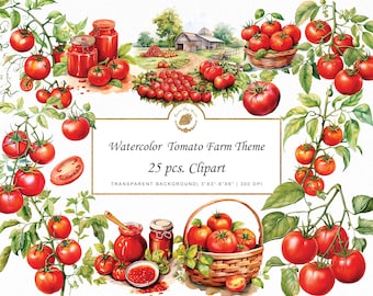 May include: Watercolor clipart set of red tomatoes, tomato plants, jars of tomato sauce, and a basket of tomatoes. The text "Watercolor Tomato Farm Theme 25 pcs. Clipart TRANSPARENT BACKGROUND 3"X3"-6"X6" 300 DPI" is included in the image.