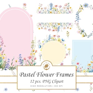 Bundle de cadres de fleurs pastel aquarelle prairie florale Clipart PNG SVG cadre carte d'invitation bordure imprimable fée fête carte numérique pétales
