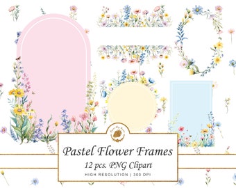 Watercolor Flower Frames Clipart: Pastel Floral PNG SVG Borders (Digital Download)