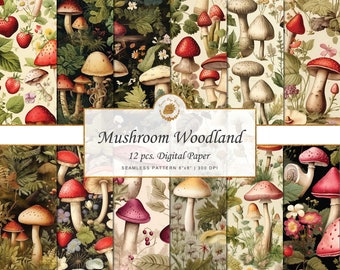Watercolor Mushroom Digital Paper, Seamless Woodland Pattern (Digital Download)