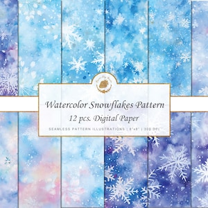 Watercolor Snowflakes Digital Paper Winter Ice Snowflake Pattern Christmas Background Wallpaper Scrapbook Paper Texture Printable Frozen Ice