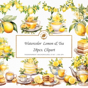 Aquarell Zitrone Clipart Tee Clipart Girlande Aquarell Blumen Clipart Obst digital png Teetasse Teekanne Kuchen Kekse High Tea Goodnotes SVG