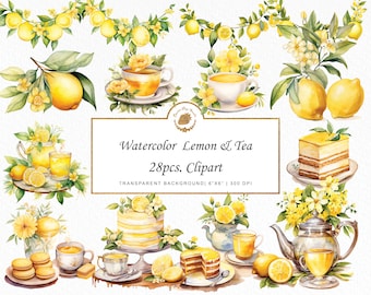 May include: Watercolor clipart set featuring lemons, teacups, teapots, cakes, and flowers. The set includes 28 pieces with a transparent background and is 6 inches by 6 inches at 300 DPI.