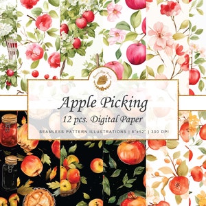 Conjunto de papel digital sem costura para colheita de maçã, tema encantador de colheita de maçã, download instantâneo, padrão de frutas sem costura, decoração com tema de maçã