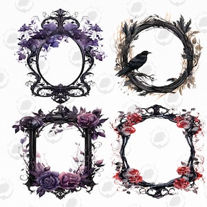 Puede incluir: Cuatro marcos negros ornamentados con elementos florales y naturales. Un marco ovalado est&aacute; adornado con flores moradas. Un marco circular presenta un cuervo en una rama. Dos marcos cuadrados muestran rosas en tonos morados y rojos.