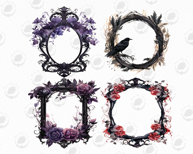 Puede incluir: Cuatro marcos negros ornamentados con elementos florales y naturales. Un marco ovalado est&aacute; adornado con flores moradas. Un marco circular presenta un cuervo en una rama. Dos marcos cuadrados muestran rosas en tonos morados y rojos.