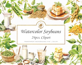 Puede incluir: Conjunto de clipart de acuarela de soja, leche de soja, tofu y plantas de soja. 24 piezas, fondo transparente, 15,24 cm x 15,24 cm, 300 DPI.