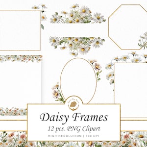 Watercolor Daisy Flower Frames Bundle Floral Clipart PNG SVG Frame Invitation Card Printable Border Fairy Garden Party Digital Card Petals