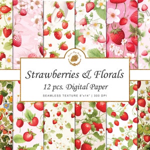 Pacchetto di carta digitale fragola Sfondo floreale con fragole Sfondo acquerello Carino Carta da parati per scrapbooking Diario spazzatura Cottage-core Senza soluzione di continuità