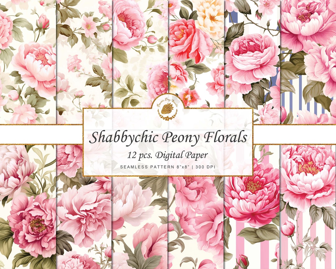 Shabby Chic Pink Peony Digital Paper: Vintage Floral Seamless Pattern ...