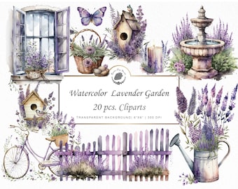 Watercolor Lavender Garden Theme Clipart stickers Floral  PNG Bundle invitation cards journal (Digital Download)