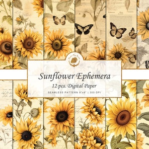 Sunflower Digital Paper Seamless Pattern Vintage Ephemera Junk journal Scrapbooking Wallpaper Background Floral Old Newspaper Canva Floral