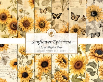 Sonnenblume Digitales Papier: Vintage Blumen Ephemera (Nahtloses Muster)