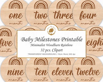 Baby Milestone Cards: Minimalist Woodburn Rainbow Baby Decor Printable PNG (Digital Download)