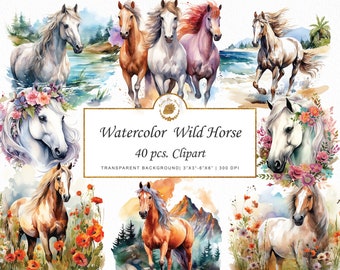 Watercolor Horses Clipart: Wild Magical Illustrations (PNG, SVG Digital Download)