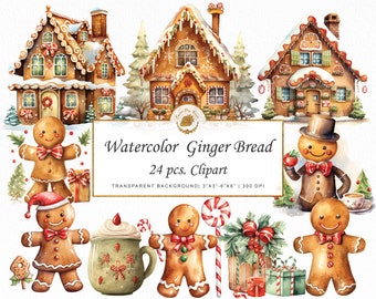 Watercolor Gingerbread Clipart: 24 Christmas PNG Images (Digital Download)