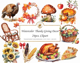 Watercolor Thanksgiving Clipart Bundle: Autumn Cottagecore PNG (Digital Download)
