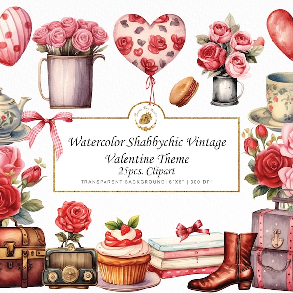 Watercolor Vintage Valentine Clipart Shabbychic svg coffee art chocolate png flower watercolor valentine themed card digital art graphics