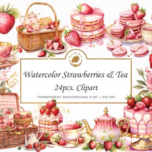 Acquerello fragole Clipart tè Clipart fragola Clipart PNG SVG Cupcake Dolcecuore amaretti tazza da tè teiera fragola fiori Picnic