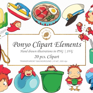 May include: A collection of colorful, hand-drawn "Ponyo Clipart Elements" in PNG and SVG formats. The image includes various illustrations such as a boat, ramen, a sailor's hat, and characters from the animated film. The text reads "20 pcs. Clipart".