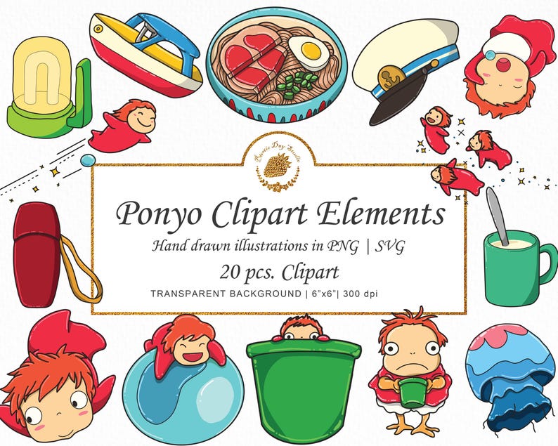 May include: A collection of digital illustrations featuring a red-haired character, a toy boat, a bowl of ramen, a sailor hat, a green bucket, a mug with a spoon, and a jellyfish. The central text reads Ponyo Clipart Elements, 20 pcs. Clipart.