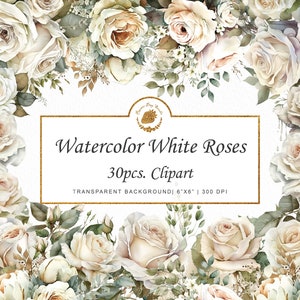 Watercolor White Roses Clipart Rose Clipart Watercolor Rose PNG SVG Romantic Floral White Rose Clipart Wedding Shabby Chic Wedding Floral