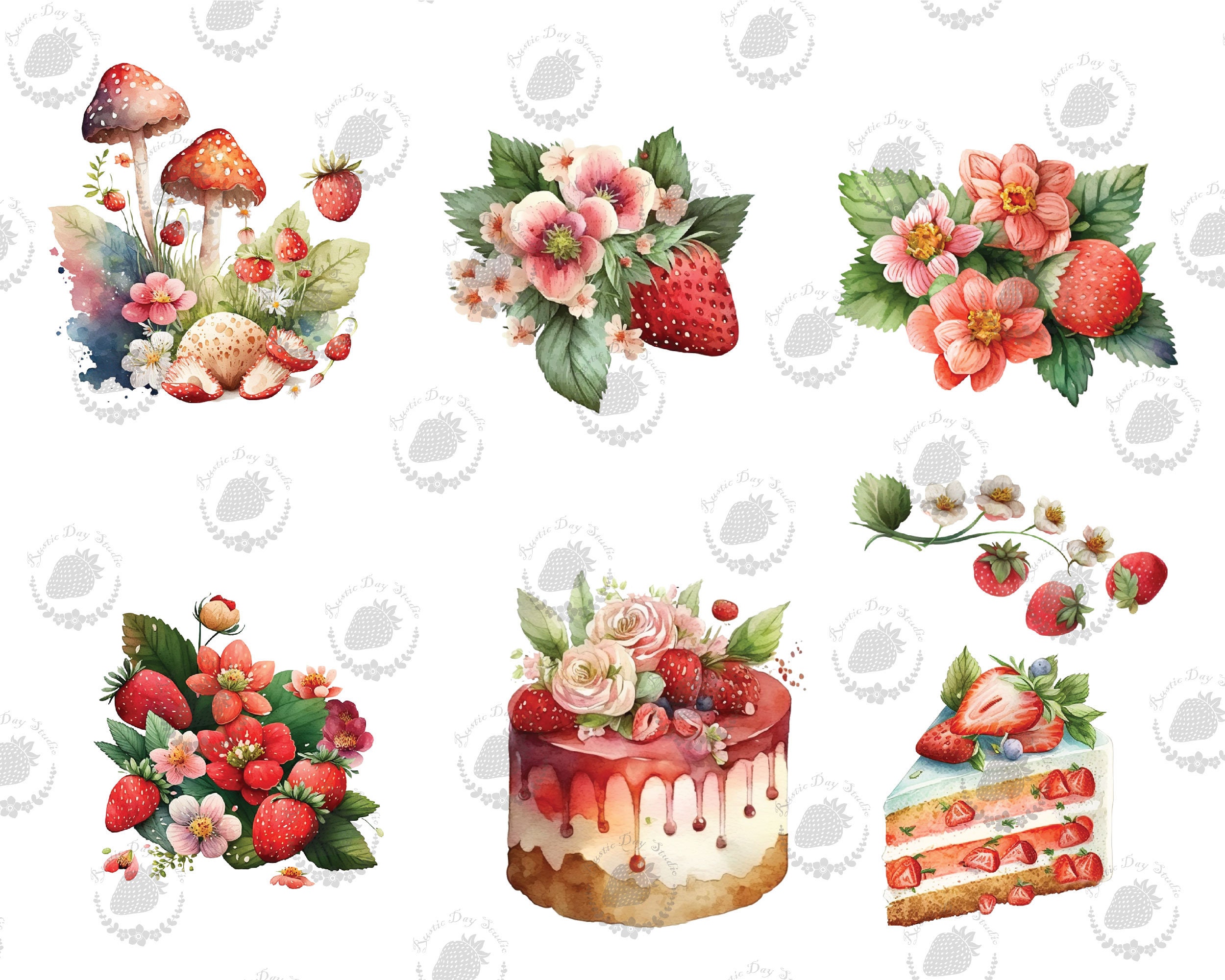 Watercolor Strawberry Clipart Strawberry Cake and Shortcake - Etsy