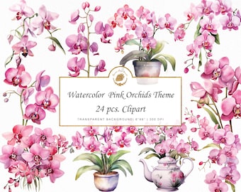 Watercolor Pink Orchid Clipart Bundle: Floral PNG Graphics