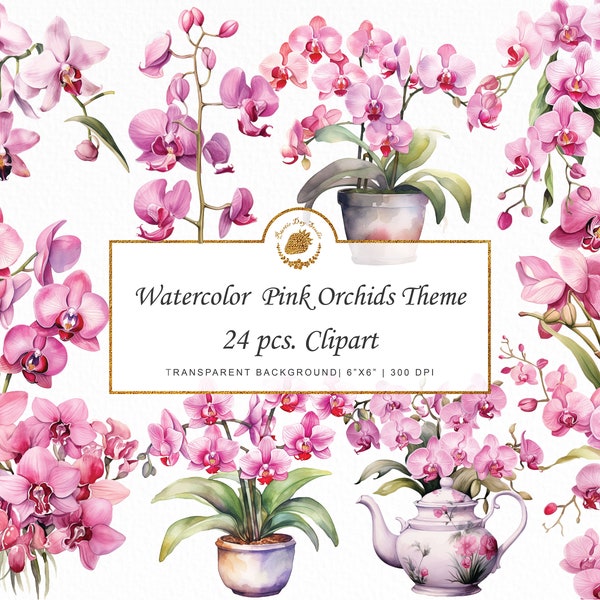 Watercolor Pink Orchids Clipart Elegant Orchid Clipart Bundle ikebana Floral Sticker PNG Wedding Orchid Bouquet Clipart Bundle graphics svg