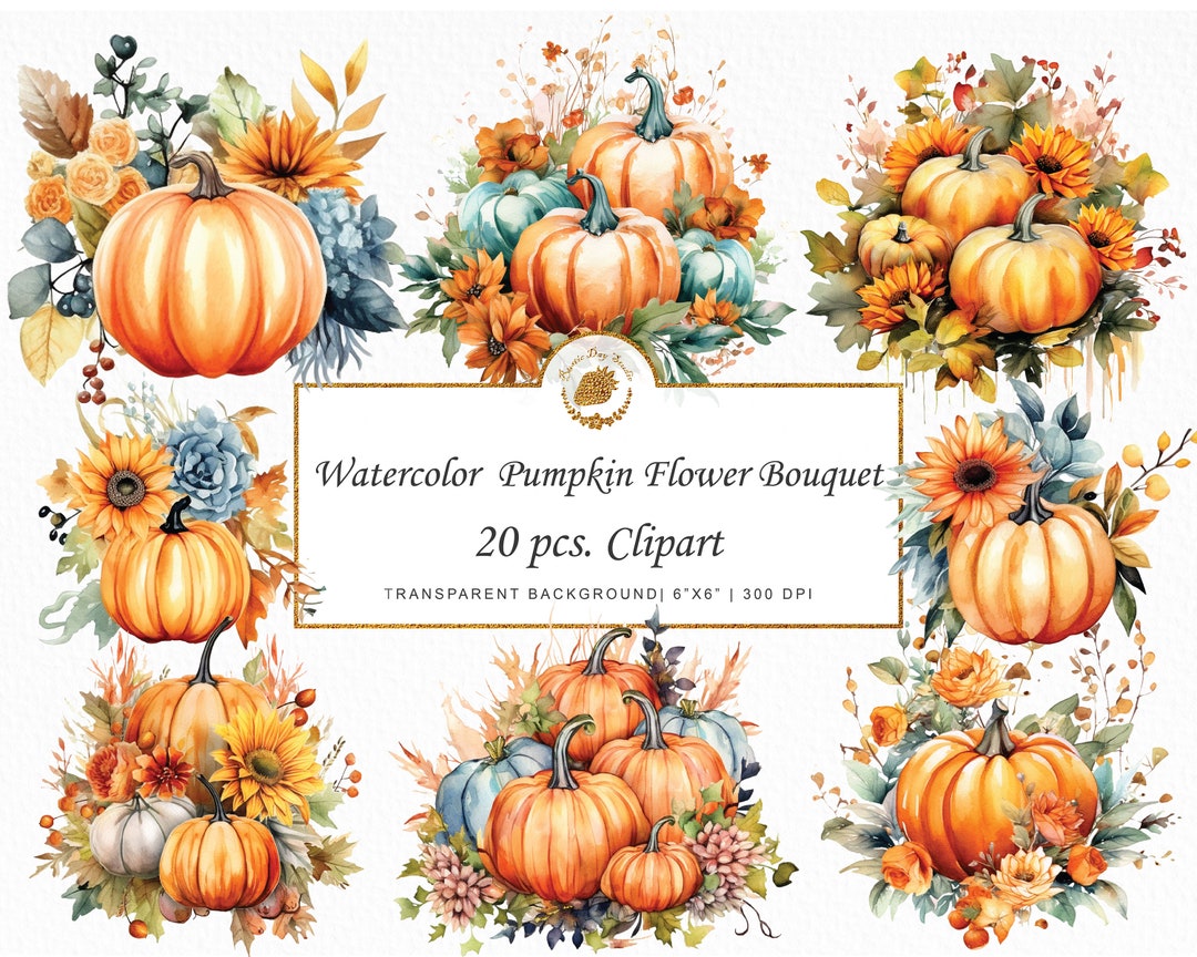 Watercolor Pumpkin Bouquet Clipart: Fall Autumn Graphics (20 PNG) - Etsy